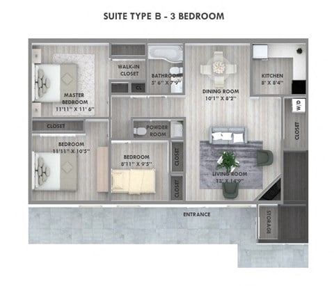 Floor plan for 3 beds, 1.5 baths, 1086 sqft